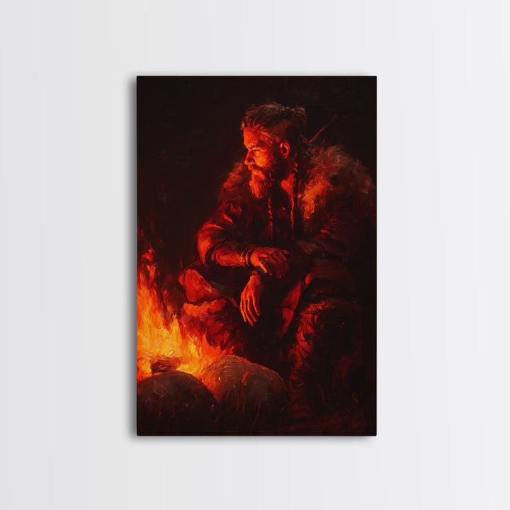 Viking Inspired Bearded Warrior Sitting By Campfire Dramatic Oil Painting Large Framed Canvas Print For Moody Wall Art Rustic Home Décor