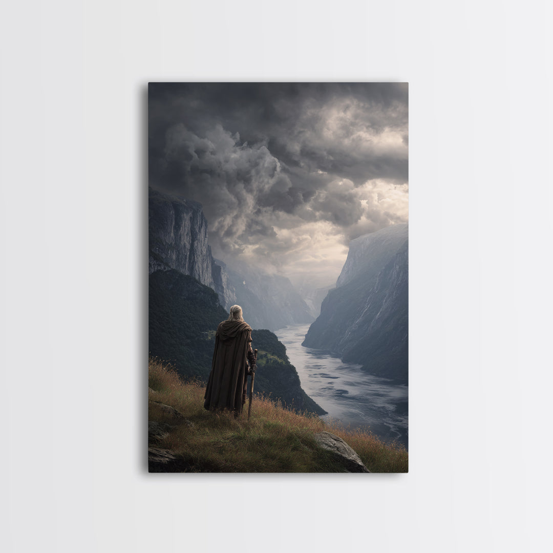 Cloaked Warrior Over Stormy Fjord Wall Art, Epic Nordic Landscape Canvas Print, Dark Academia Decor, Mountain Art Living Room Decor