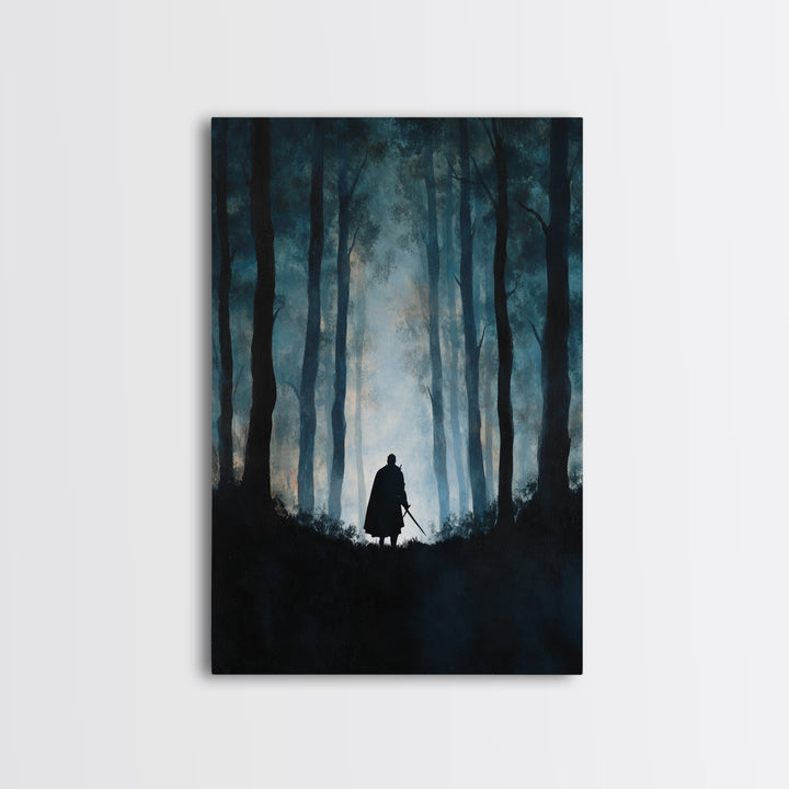 Lone Warrior In Misty Blue Forest Wall Art, Dark Fantasy Canvas Print, Moody Woodland Decor, Medieval Adventure Gift For Him