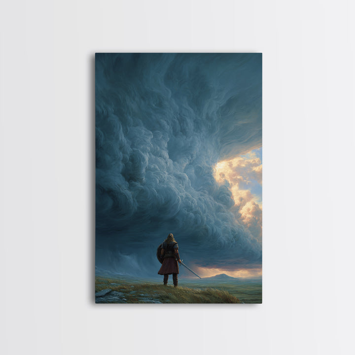 Lone Warrior Beneath Colossal Storm Clouds Wall Art, Fantasy Landscape Canvas, Dramatic Sky Decor, Large Statement Artwork