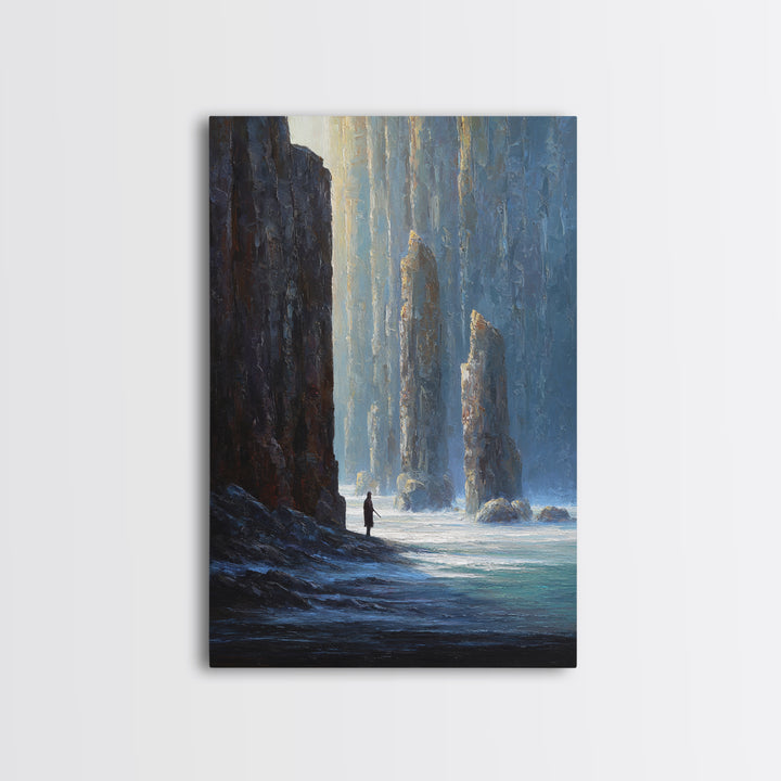 Lone Figure Among Blue Sea Cliffs Canvas Print, Moody Coastal Landscape Art, Fantasy Wall Decor, Modern Home Decor For Office