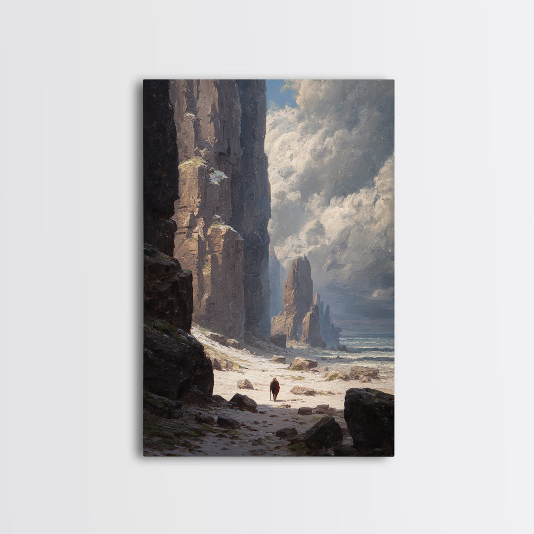 Towering Sea Cliffs And Lone Wanderer Canvas Print, Moody Coastal Landscape Art, Nautical Wall Decor, Living Room Art Print