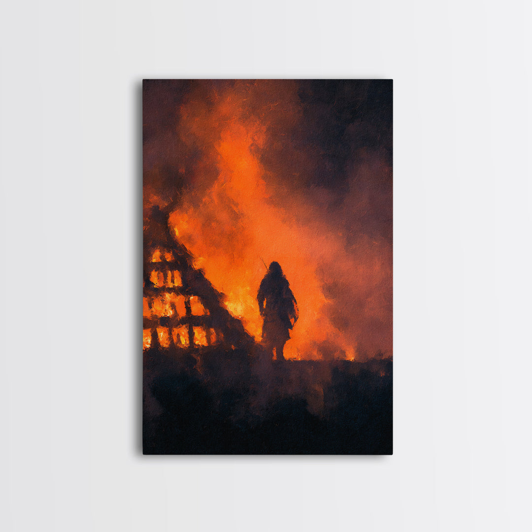 Viking Warrior In Blazing Fire Wall Art, Dark Fantasy Canvas Print, Medieval Battle Decor, Norse Saga Gift For Him, Gothic Decor