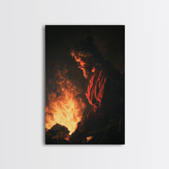 Moody Man Beside Fire Canvas Print, Dark Academia Wall Art, Baroque Inspired Portrait, Rustic Cabin Decor, Gift For Him Print