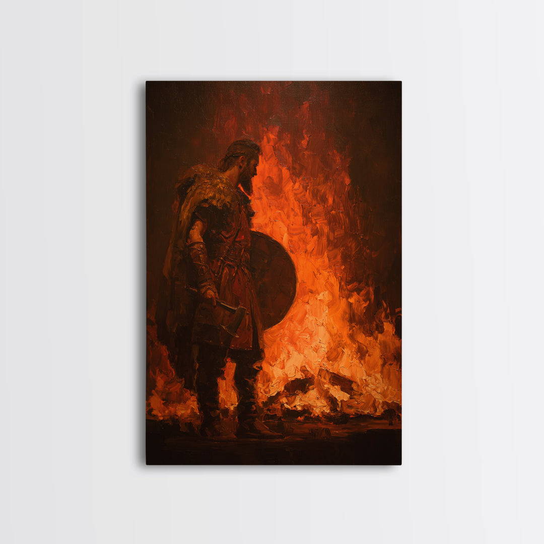 Viking Warrior Beside Blazing Fire Framed Canvas Print, Dark Fantasy Wall Art, Norse Masculine Home Decor, Gift For Him, Office Decor