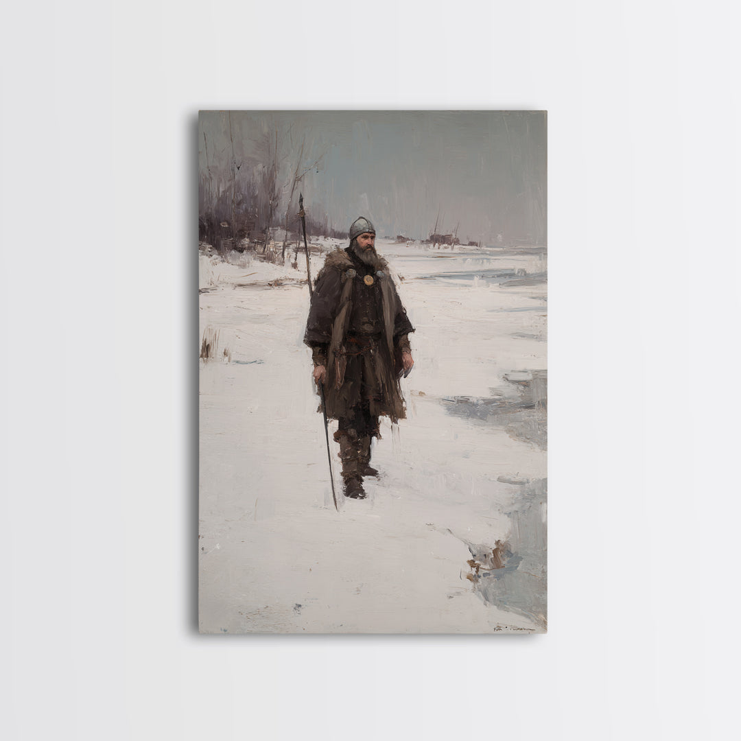 Viking Warrior In Snow Canvas Print, Medieval Winter Landscape Painting, Nordic Wall Art For Rustic Cabin Home Decor Gift