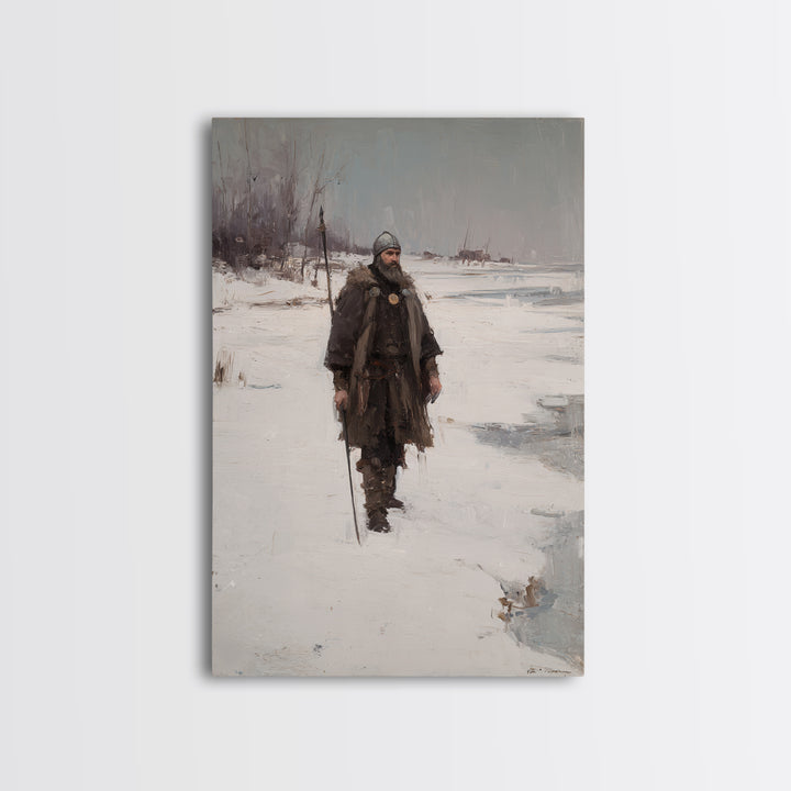 Viking Warrior In Snow Canvas Print, Medieval Winter Landscape Painting, Nordic Wall Art For Rustic Cabin Home Decor Gift