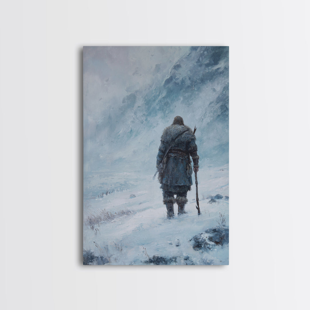 Lone Wanderer In Snowy Mountain Blizzard Wall Art, Viking Winter Landscape Canvas Print For Cabin Decor And Gift For Him