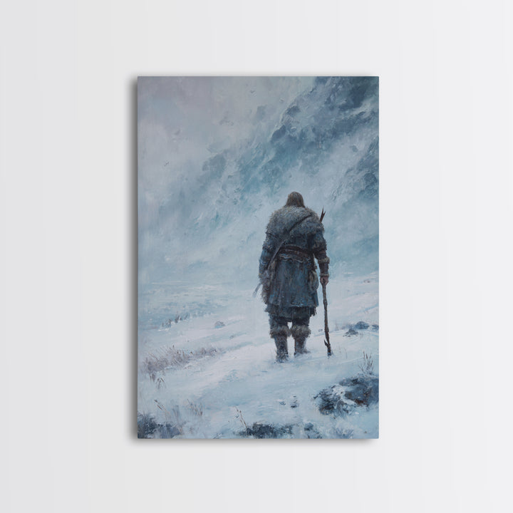 Lone Wanderer In Snowy Mountain Blizzard Wall Art, Viking Winter Landscape Canvas Print For Cabin Decor And Gift For Him