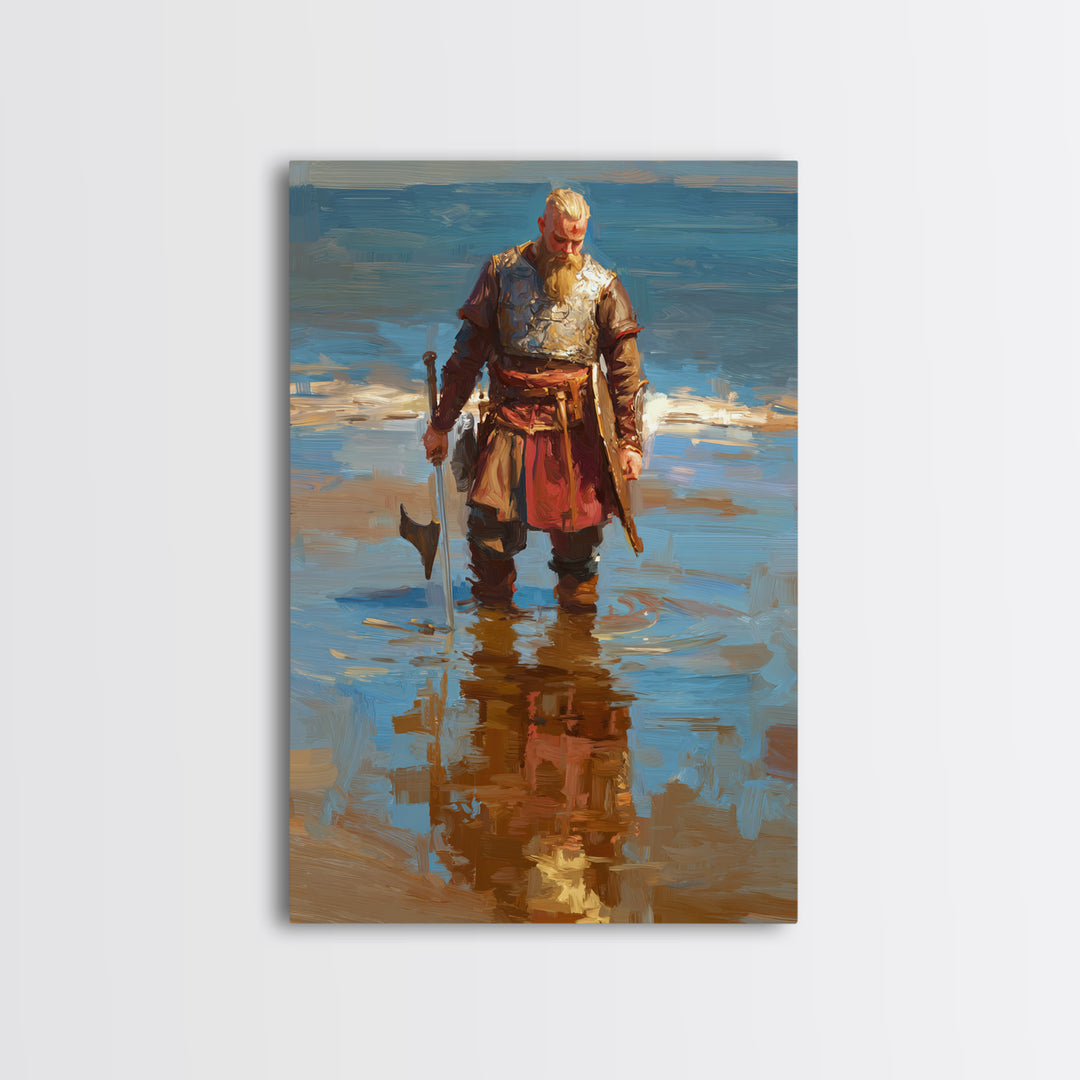 Blond Viking Warrior Standing In Reflective Shore Water Canvas Print, Coastal Fantasy Art, Masculine Wall Decor, Fine Art