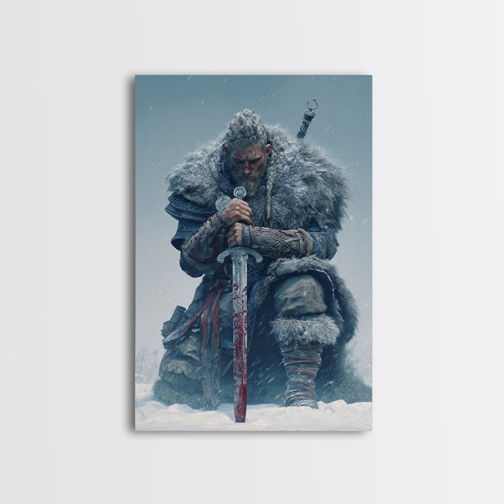 Snowbound Viking Warrior With Bloodied Sword Framed Canvas Print, Norse Wall Art, Masculine Dark Fantasy Decor, Gift For Him