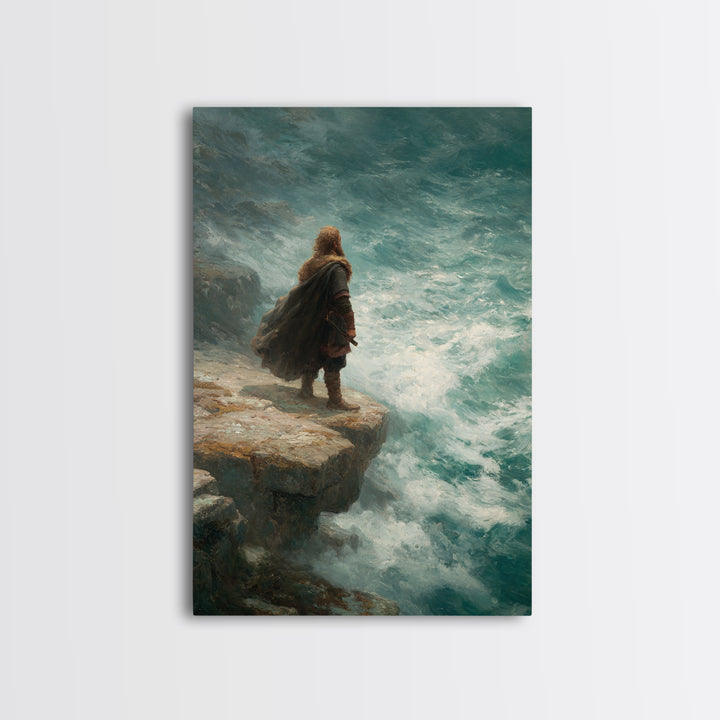 Viking Warrior At Turquoise Sea Wall Art, Coastal Fantasy Canvas Print, Ocean Seascape Painting, Norse Decor Gift For Him