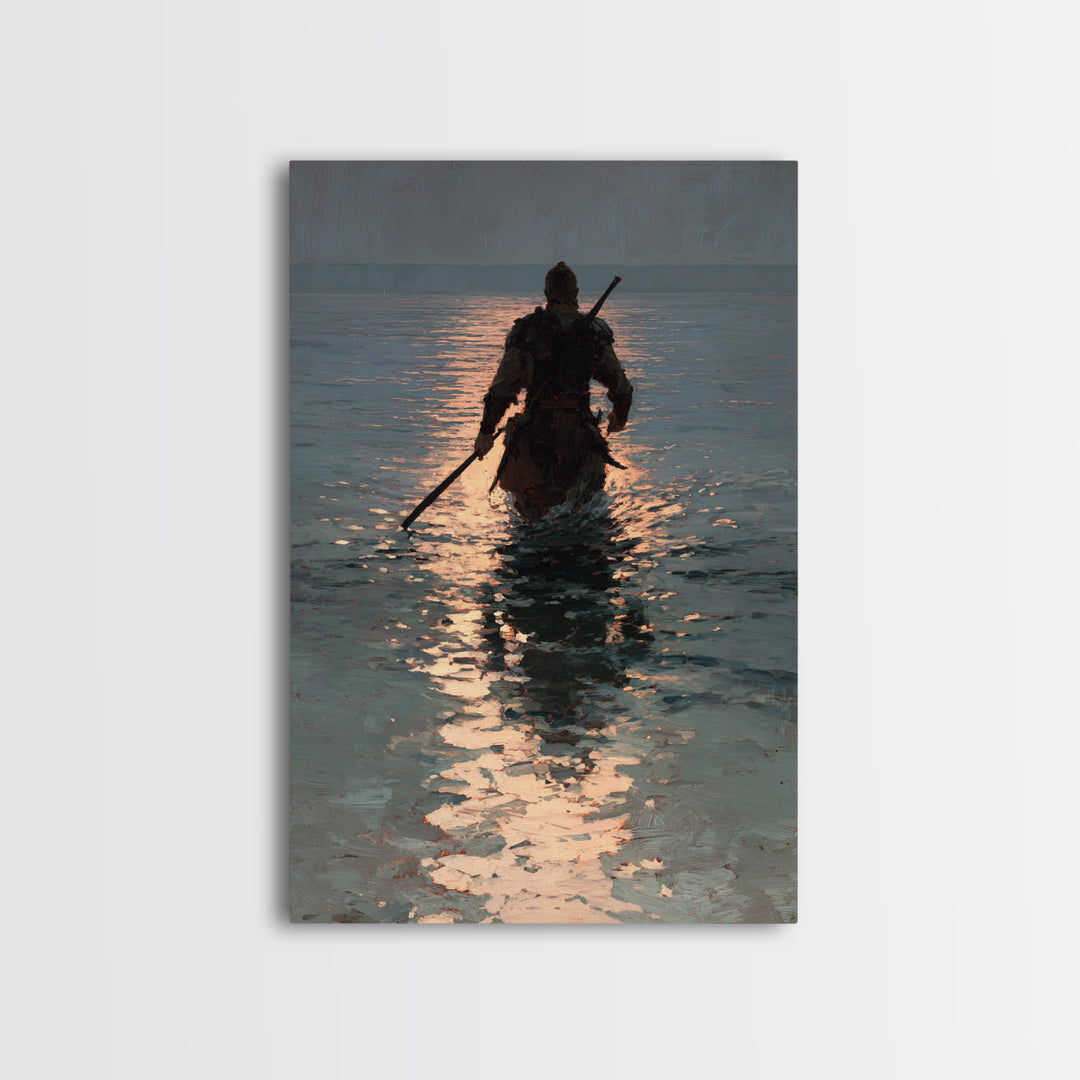 Lone Warrior Wading Through Sunset Sea Wall Art, Moody Seascape Canvas Print, Coastal Fantasy Large Living Room And Office Decor