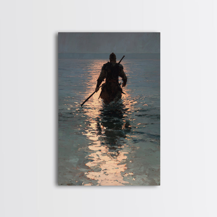 Lone Warrior Wading Through Sunset Sea Wall Art, Moody Seascape Canvas Print, Coastal Fantasy Large Living Room And Office Decor