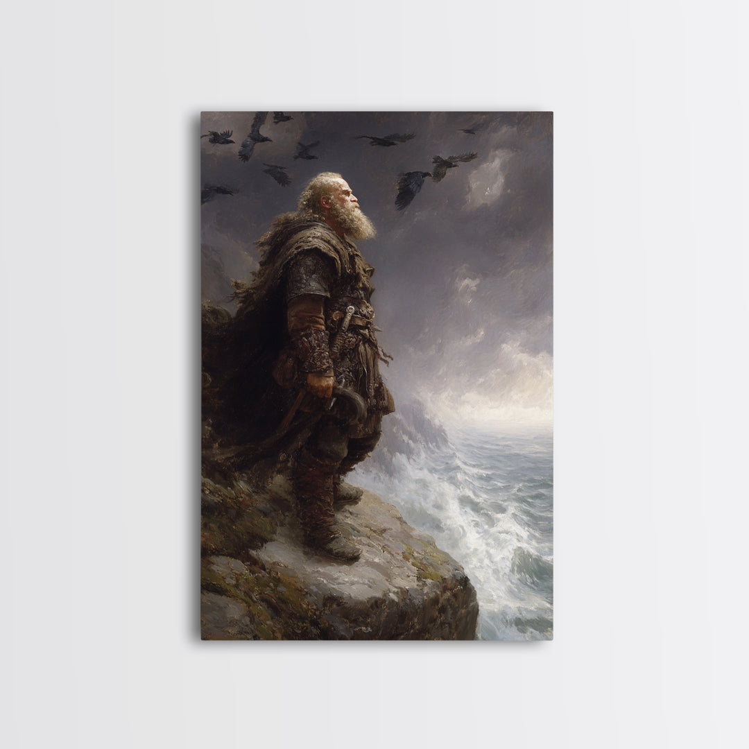 Bearded Viking On Stormy Sea Cliff Wall Art, Norse Raven Seascape Canvas Print, Dark Academia Masculine Decor, Gift For Him