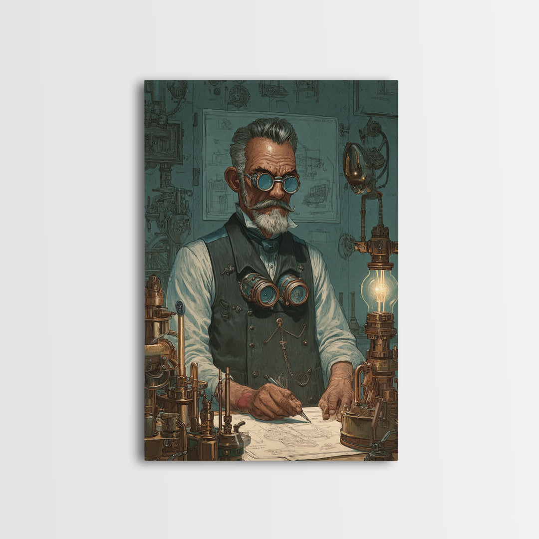 Steampunk Inventor Portrait With Goggles Wall Art, Industrial Office Decor, Science Art Print, Unique Gift For Him, Home Decor