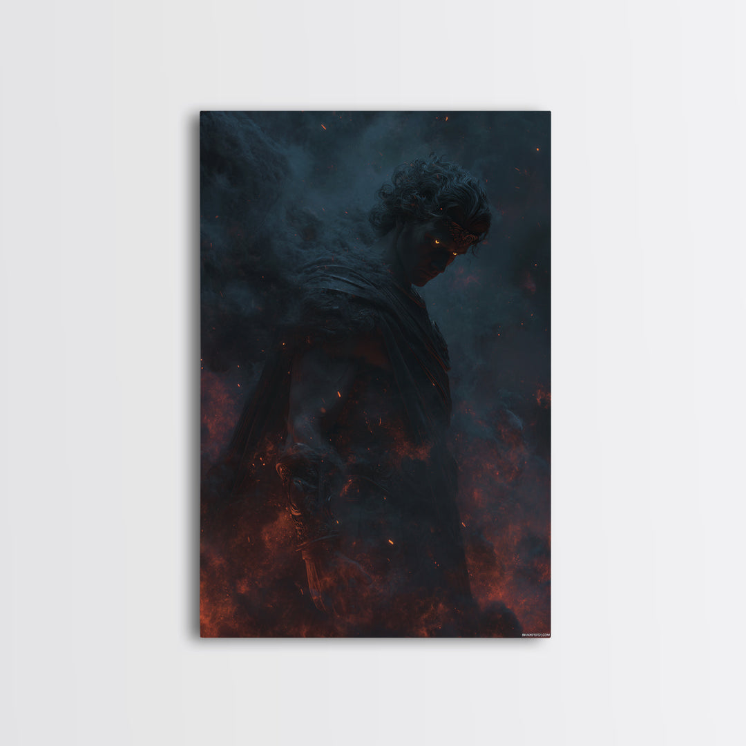 Fiery Dark Warrior With Glowing Eyes Wall Art, Mythological Fantasy Canvas Print, Gothic Decor, Dramatic Office Art For Men