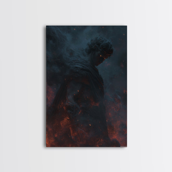 Fiery Dark Warrior With Glowing Eyes Wall Art, Mythological Fantasy Canvas Print, Gothic Decor, Dramatic Office Art For Men