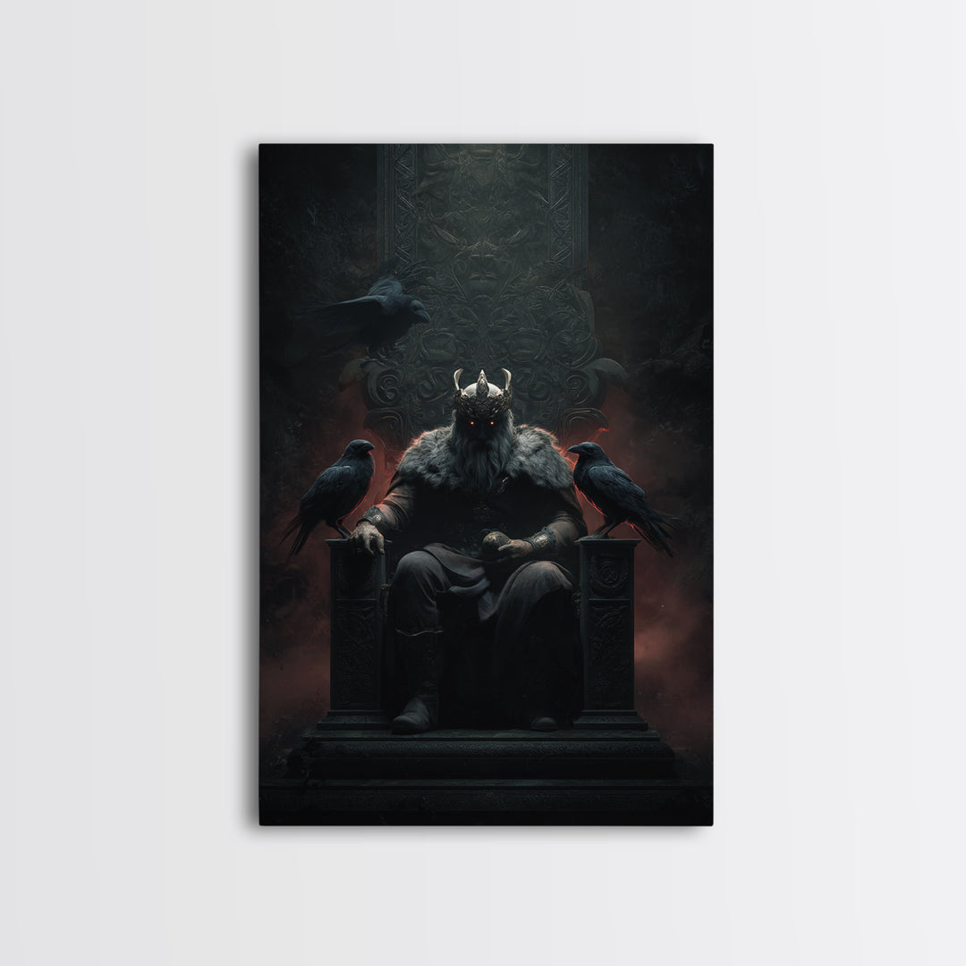 Dark Raven King On Gothic Throne Wall Art, Norse Mythology Fantasy Poster, Moody Viking Decor, Dark Academia Gift For Him
