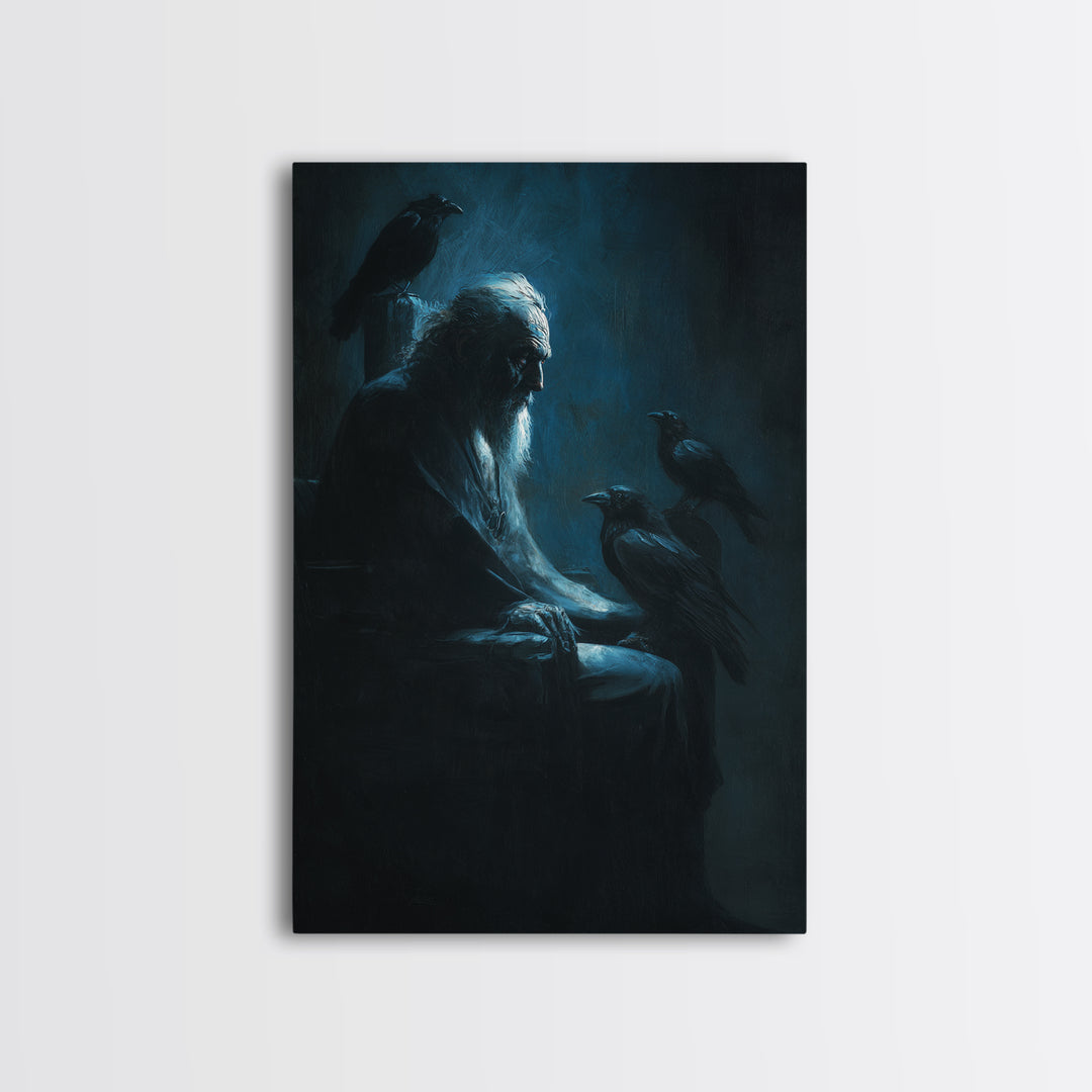 Elder With Ravens In Moody Blue Shadows Wall Art, Gothic Dark Academia Canvas Print For Living Room Decor And Unique Gift