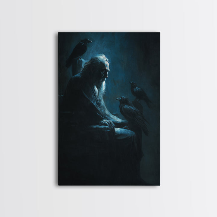 Elder With Ravens In Moody Blue Shadows Wall Art, Gothic Dark Academia Canvas Print For Living Room Decor And Unique Gift