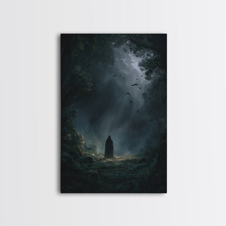 Cloaked Figure In Dark Forest Wall Art, Gothic Fantasy Canvas Print, Moody Nature Decor, Dark Academia Bedroom Wall Decor