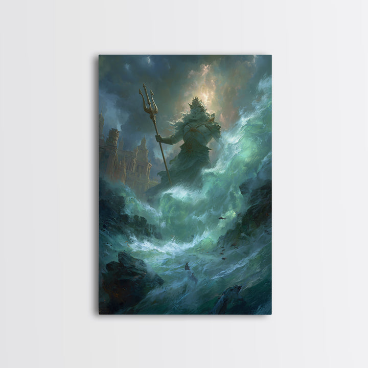 Colossal Sea God With Trident Canvas Print, Mythological Ocean Wall Art, Fantasy Seascape Decor, Dramatic Coastal Gift For Him