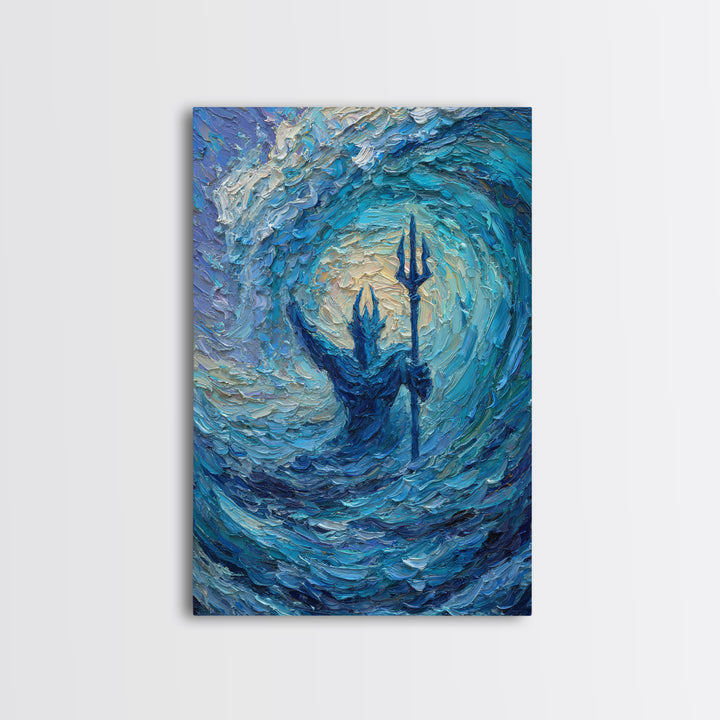 Sea God With Trident In Turquoise Wave Canvas Print, Poseidon Ocean Wall Art For Coastal Living Room Decor And Mythology Art Gift