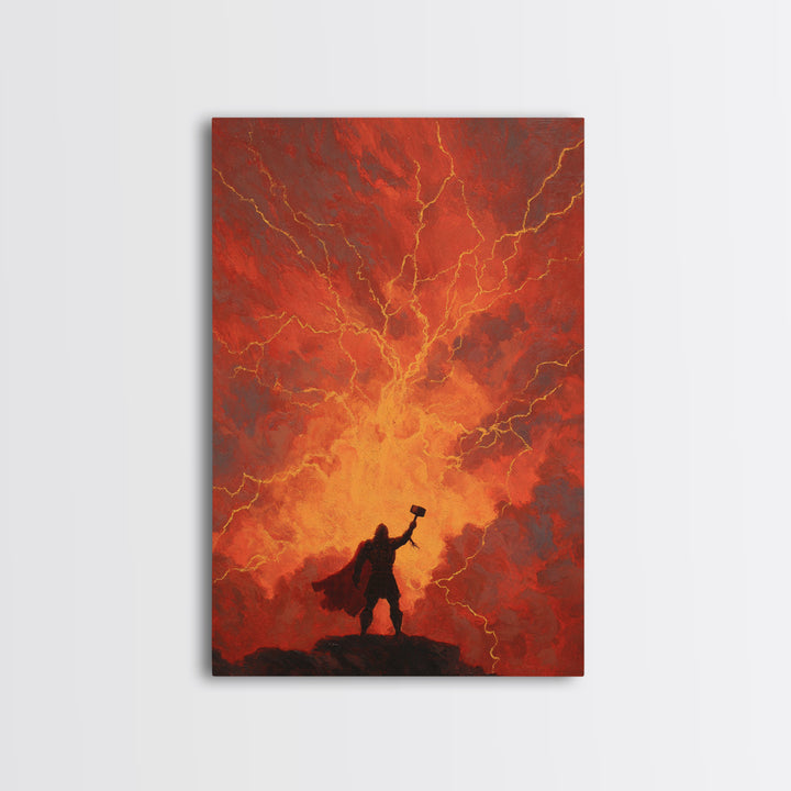 Thor Hammer Lightning Wall Art, Norse Mythology Storm Painting, Dramatic Red Sky Canvas Decor For Fantasy Home Office Gift