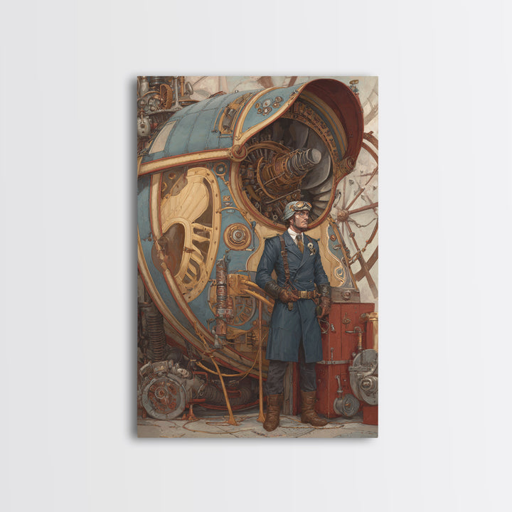 Steampunk Aviator Beside Airship Engine Framed Canvas Print, Industrial Wall Decor, Fantasy Art, Office Decor, Gift For Him