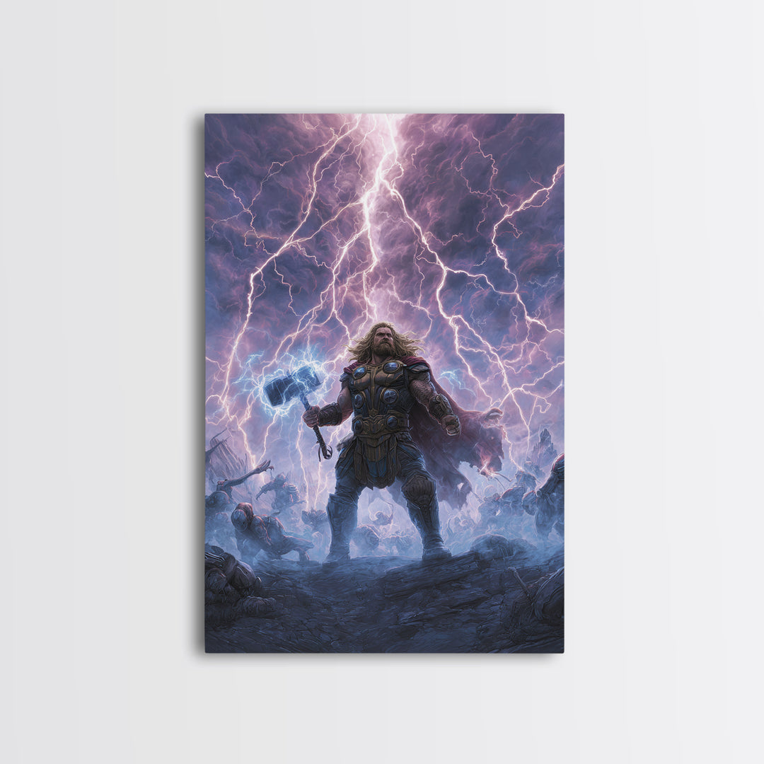 Thunder Warrior With Hammer In Lightning Storm Wall Art, Norse Mythology Canvas Print, Viking Decor, Epic Fantasy Gift For Him