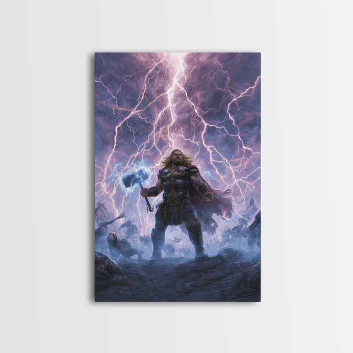 Thunder Warrior With Hammer In Lightning Storm Wall Art, Norse Mythology Canvas Print, Viking Decor, Epic Fantasy Gift For Him