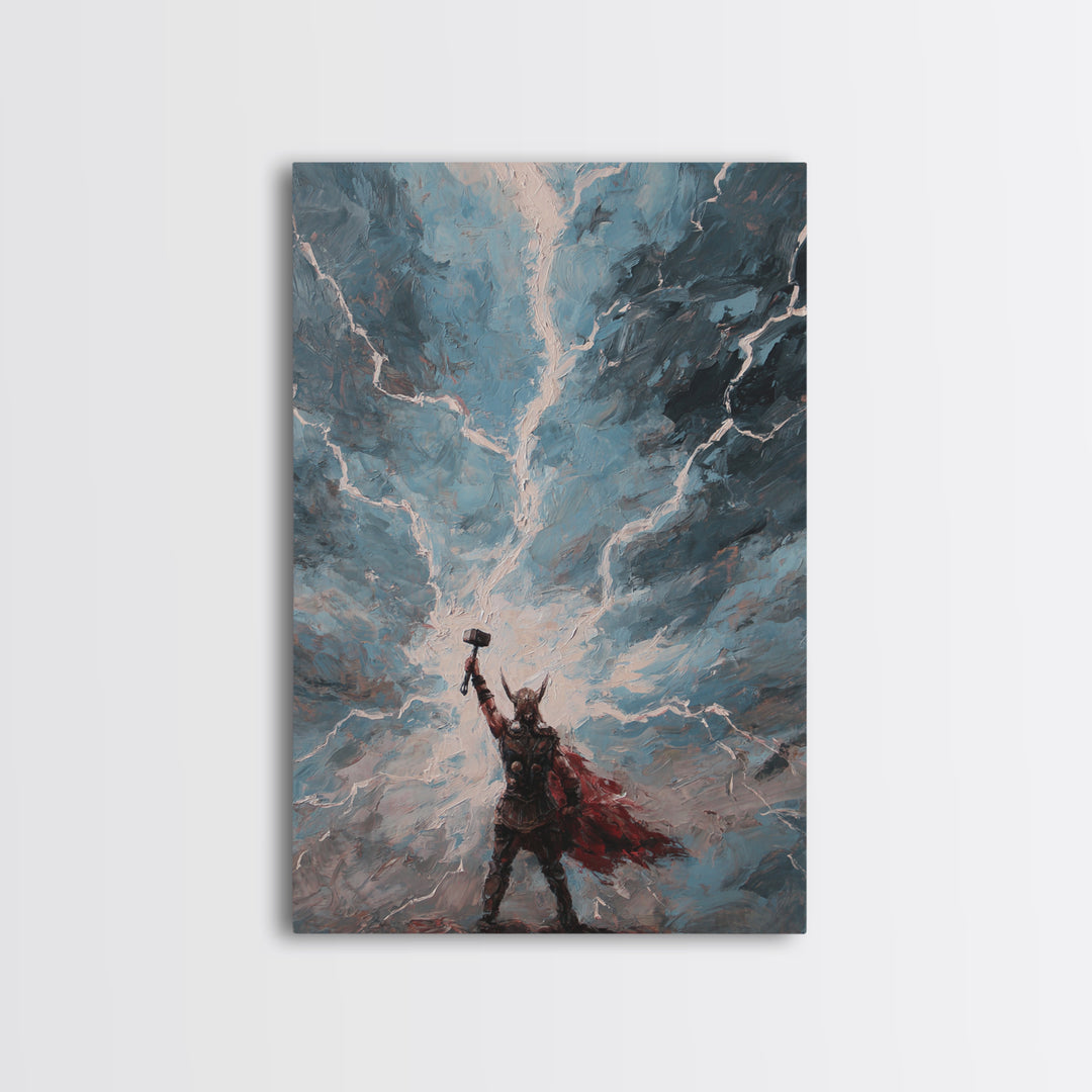 Norse Thunder Warrior Raising Hammer Wall Art, Lightning Storm Canvas Print For Fantasy Decor And Mythology Gift For Him