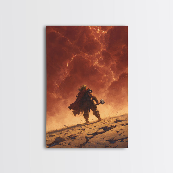 Epic Norse Thunder Warrior Under Fiery Sky Wall Art, Mythic Hammer Canvas Print, Dramatic Viking Fantasy Decor, Gift For Him