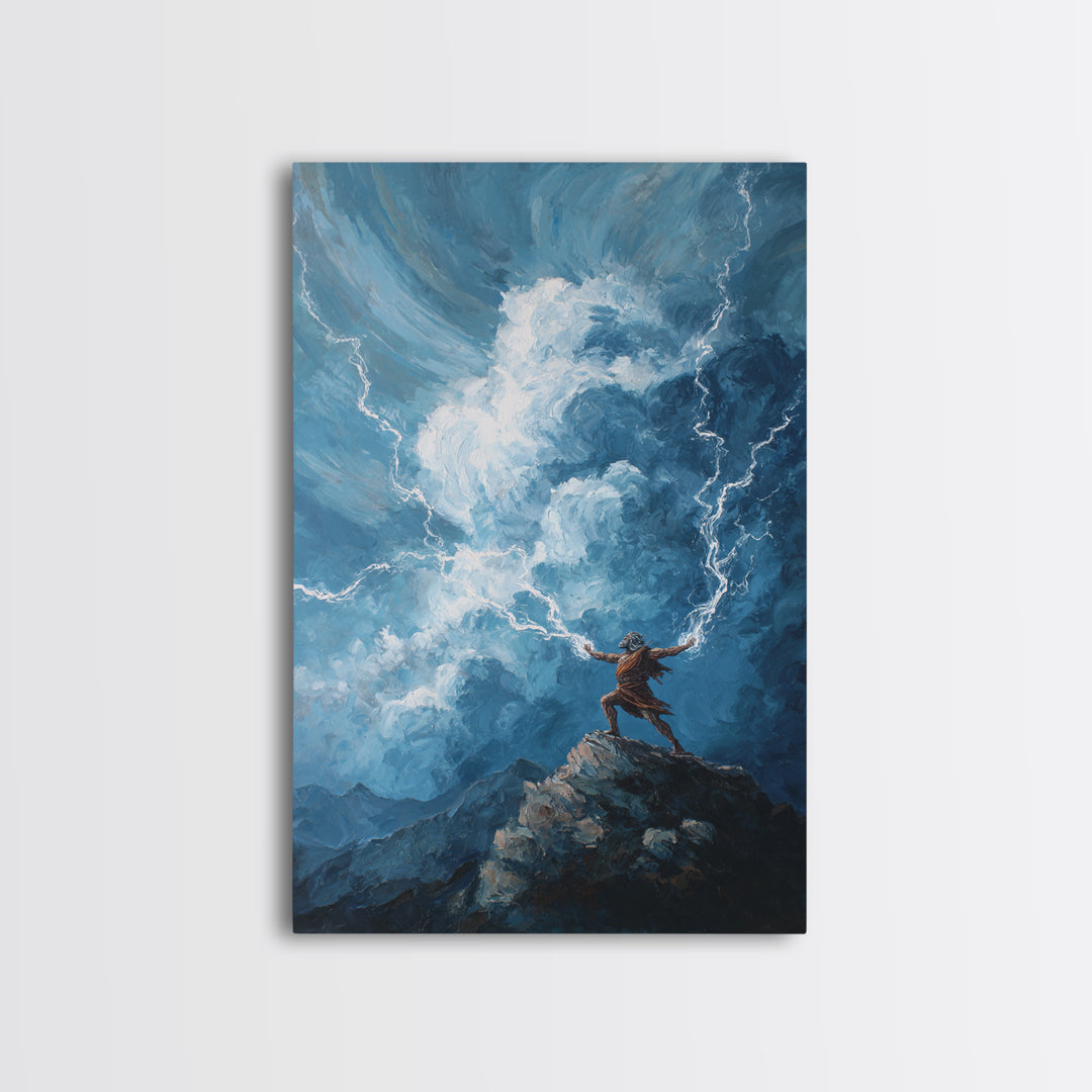 Tiny Warrior On Mountain Summoning Lightning Wall Art, Epic Storm Canvas Print For Fantasy Landscape Decor And Gift For Him