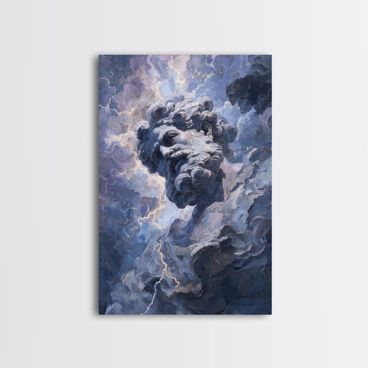 Classical Marble God In Thunder Clouds Framed Canvas Print, Mythology Wall Art, Dramatic Storm Decor, Dark Academia Gift