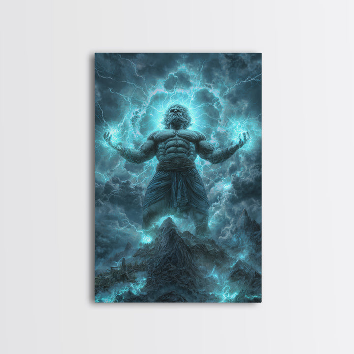 Titan Storm God Above Mountains Wall Art, Mythological Lightning Canvas Print, Fantasy Landscape Decor, Powerful Gift For Him