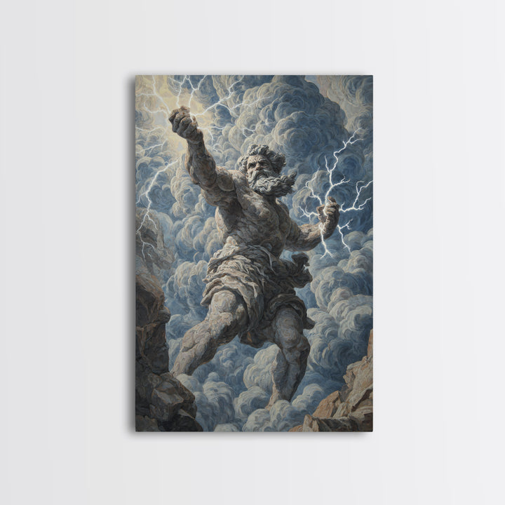 Zeus Lightning God Wall Art, Greek Mythology Statue Painting, Dramatic Storm Clouds Canvas Decor For Classical Home Gift