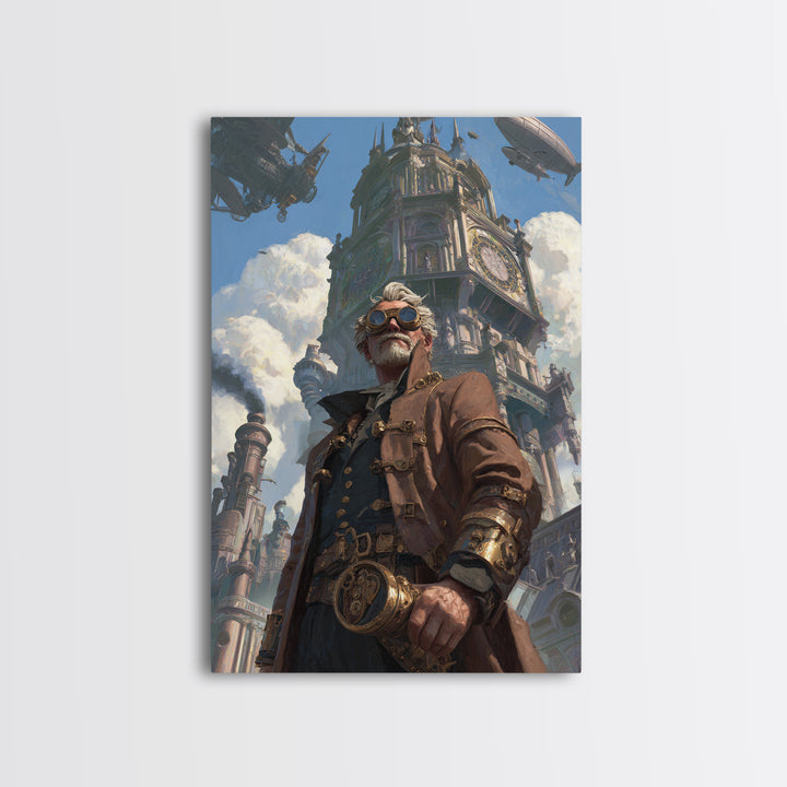 Steampunk Explorer In Futuristic City Wall Art, Airship Fantasy Art Print, Industrial Decor, Statement Office Art, Living Room Decor