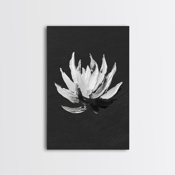 Black and White Oil Painting of Lotus Flower Minimalist Wall Art Original Canvas Print for Modern Home Decor
