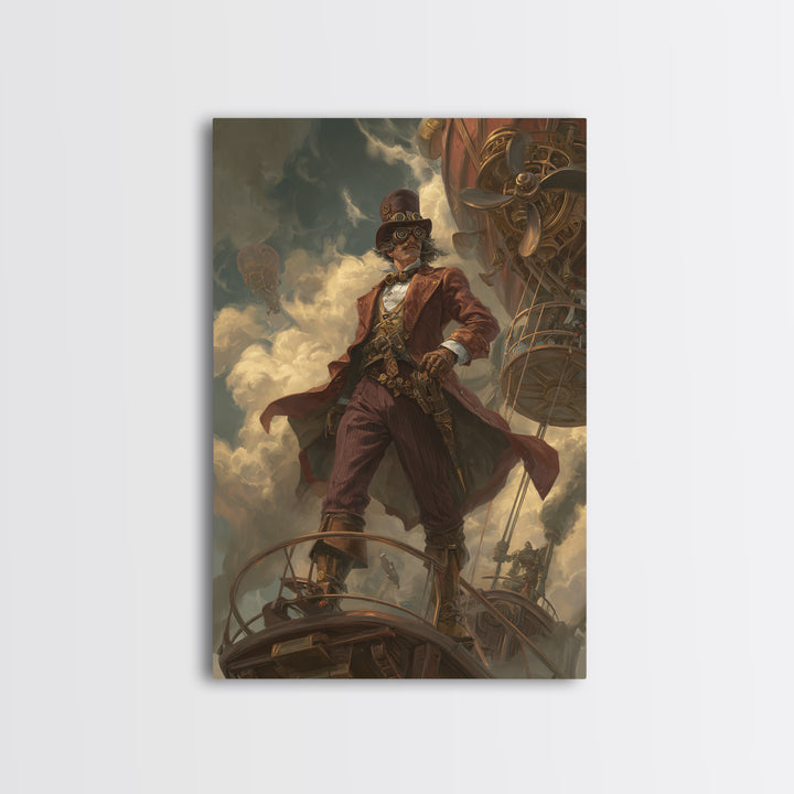 Airship Captain In Storm Clouds Canvas Print, Steampunk Fantasy Art, Industrial Wall Decor, Masculine Office Decor, Gift For Him