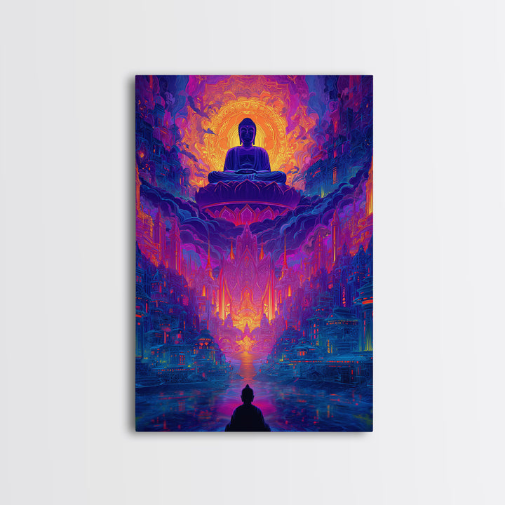 Vibrant Spiritual Buddha Cityscape With Radiant Glow Wall Art Modern Home Decor
