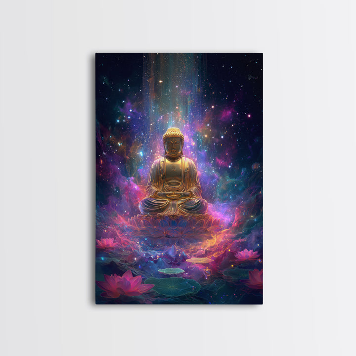 Colorful Glowing Golden Buddha In Cosmic Space Spiritual Wall Art Framed Canvas Print For Home