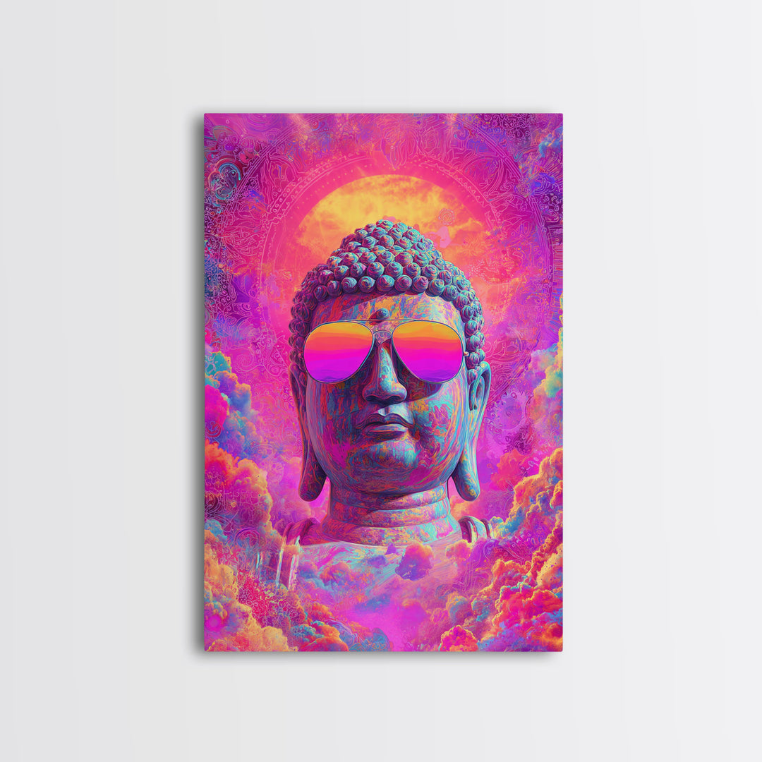 Vibrant Psychedelic Buddha With Colorful Sunglasses Spiritual Wall Art Framed Canvas Print
