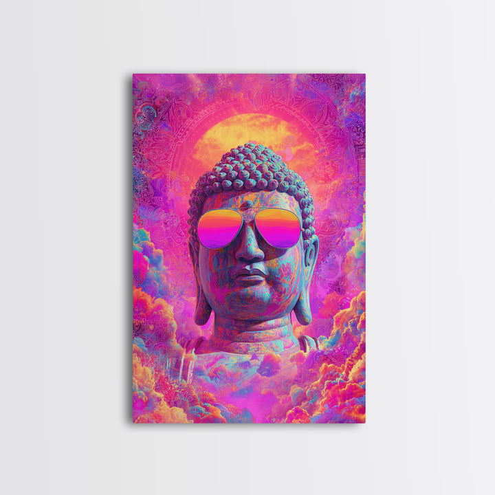 Vibrant Psychedelic Buddha With Colorful Sunglasses Spiritual Wall Art Framed Canvas Print