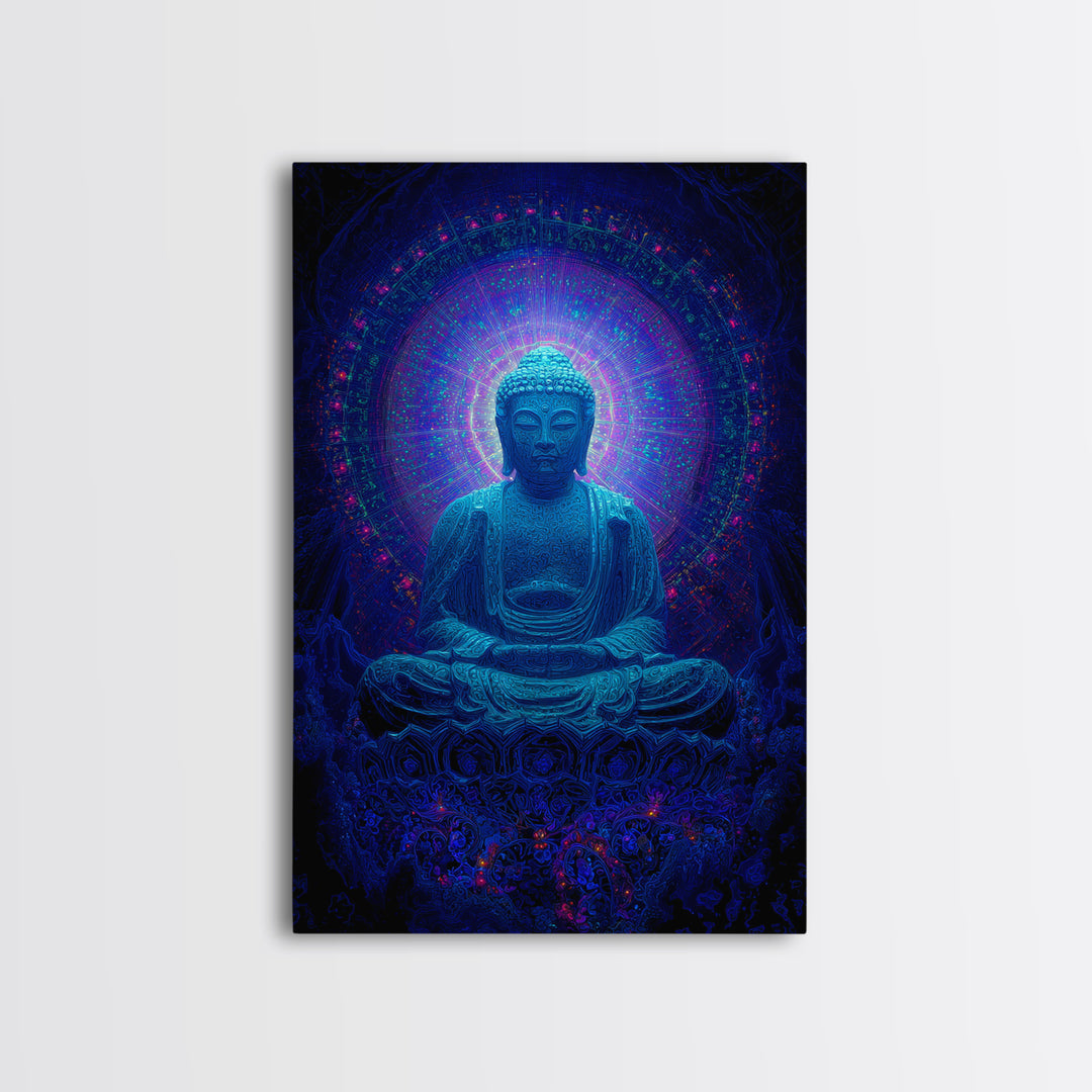 Mystical Blue Buddha Statue With Radiant Halo Spiritual Wall Art Framed Canvas Print For Meditation Room Decor