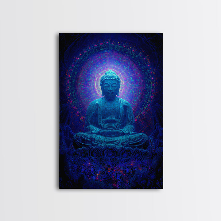 Mystical Blue Buddha Statue With Radiant Halo Spiritual Wall Art Framed Canvas Print For Meditation Room Decor