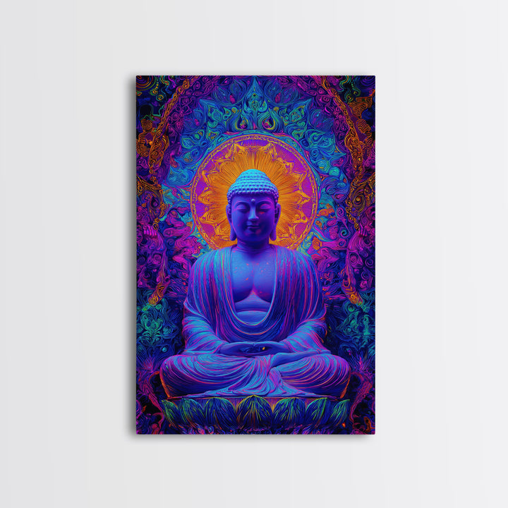 Vibrant Psychedelic Buddha Meditation Digital Painting Modern Wall Art Framed Canvas Print Spiritual Decor