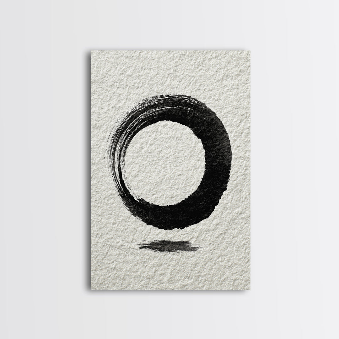 Minimalist Black Ink Circle Zen Enso Brushstroke Wall Art On Textured Paper Abstract Art Framed Canvas Print For Home Office Decor