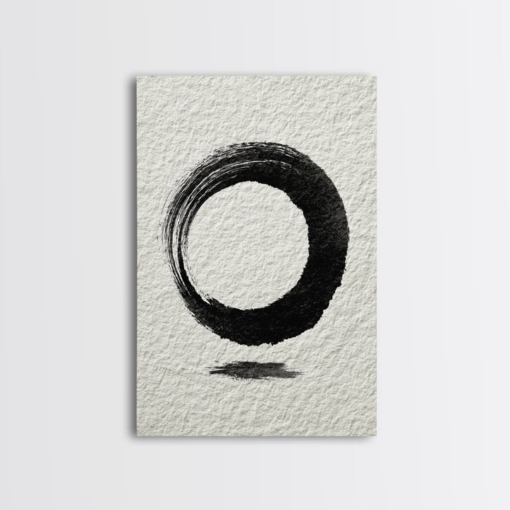 Minimalist Black Ink Circle Zen Enso Brushstroke Wall Art On Textured Paper Abstract Art Framed Canvas Print For Home Office Decor